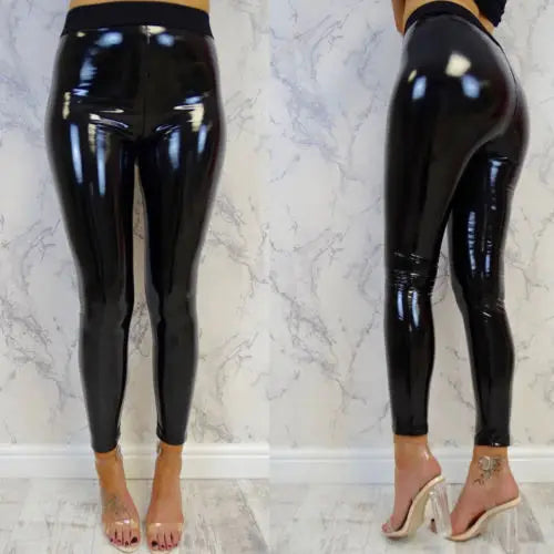 Black PU Hip-Lift Leggings – Slim Fit High Waist Faux Leather Yoga Pants