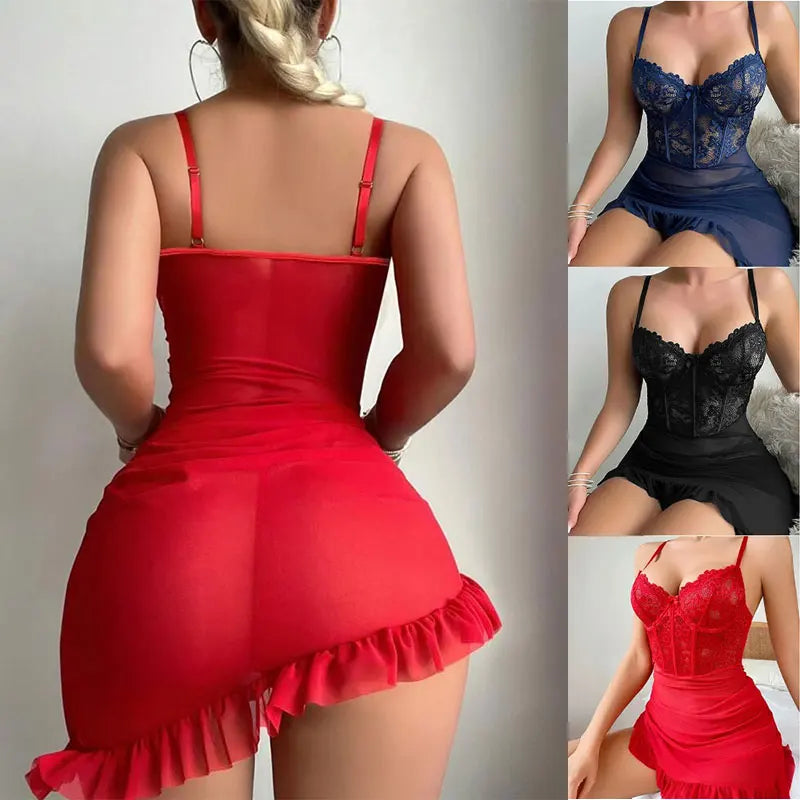 Transparent underwire bra with sexy fairy lace lingerie nightdress set for women