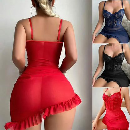 Transparent underwire bra with sexy fairy lace lingerie nightdress set for women