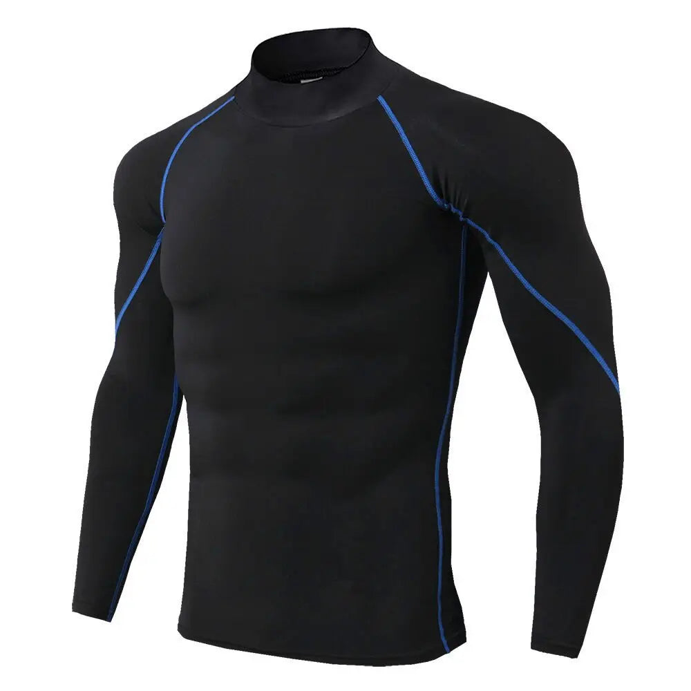 Black long-sleeve athletic shirt with blue accents on a white background