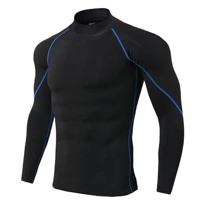 Black long-sleeve athletic shirt with blue accents on a white background