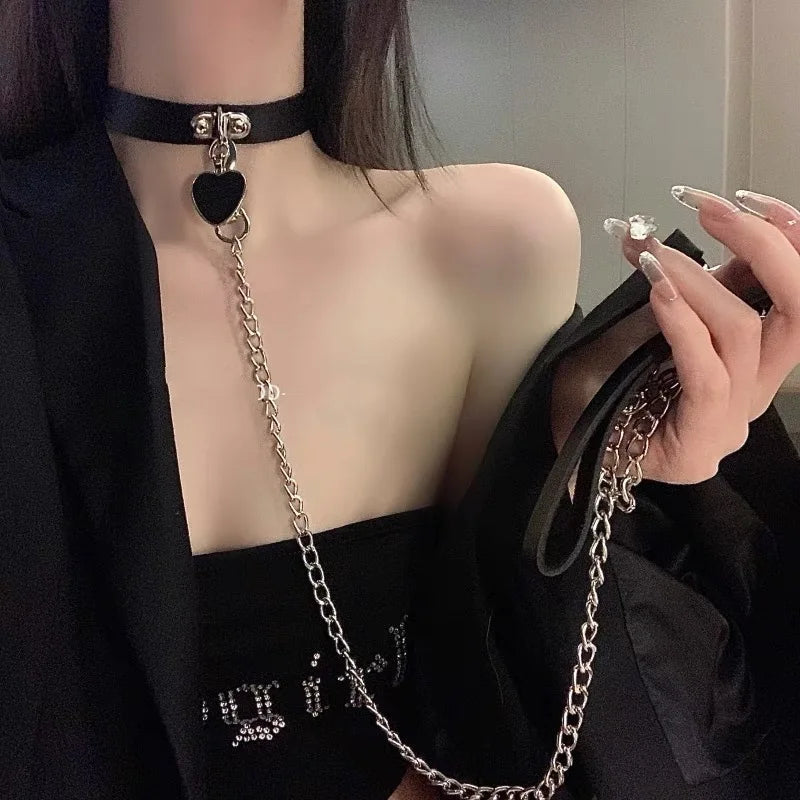 ShadowBelle PU leather punk choker set with bell, spikes, and rivets for goth and BDSM cosplay