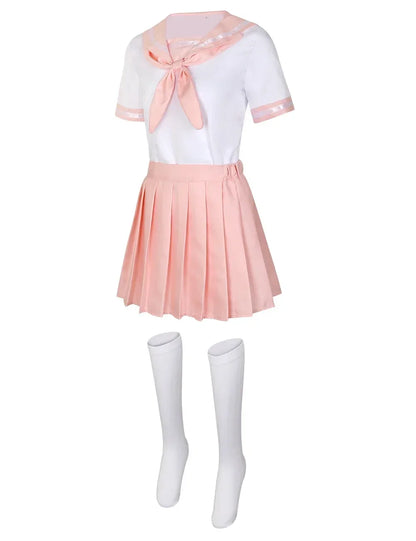 Japanese Seifuku pink sailor cosplay uniform with pleated skirt, blouse, and socks set for anime costume or kawaii fashion