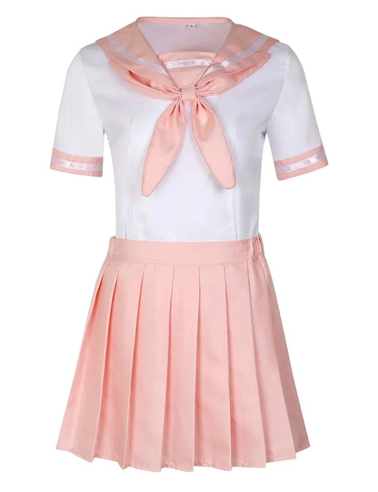 Japanese Seifuku pink sailor cosplay uniform with pleated skirt, blouse, and socks set for anime costume or kawaii fashion
