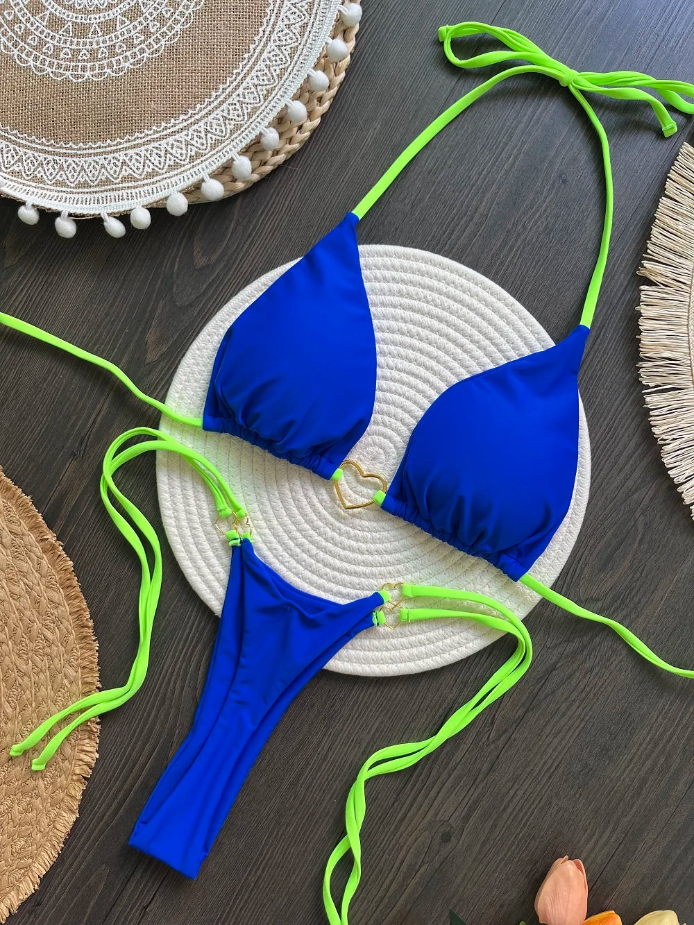 Sexy halter bikini set with Brazilian thong bottoms – women’s two-piece solid color swimwear