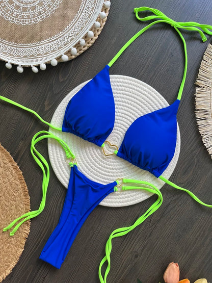 Sexy halter bikini set with Brazilian thong bottoms – women’s two-piece solid color swimwear