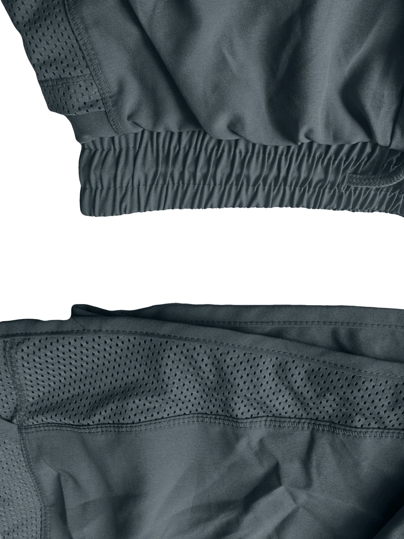 Close-up of a dark gray jacket with mesh detailing on a white background