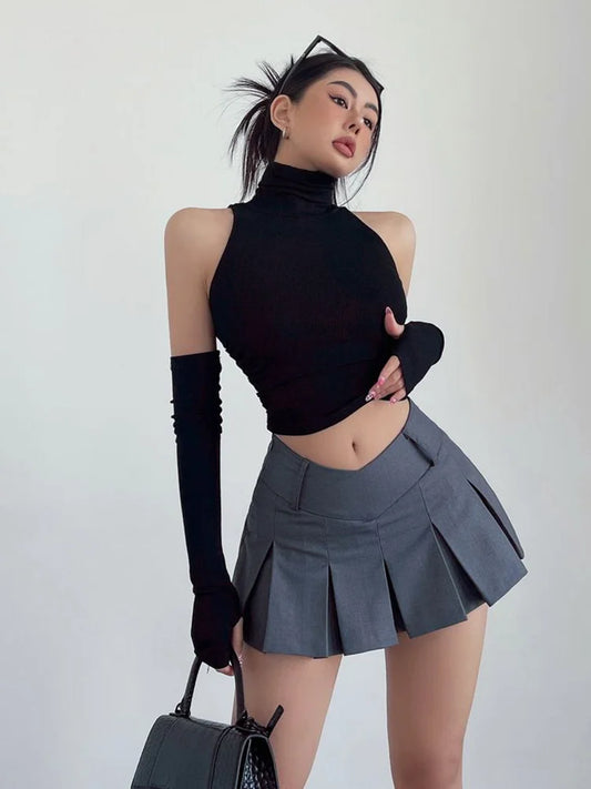 Spring Summer Sexy High-Neck Pleated Crop Tank Top – Spicy Sleeveless Y2K Streetwear for Women