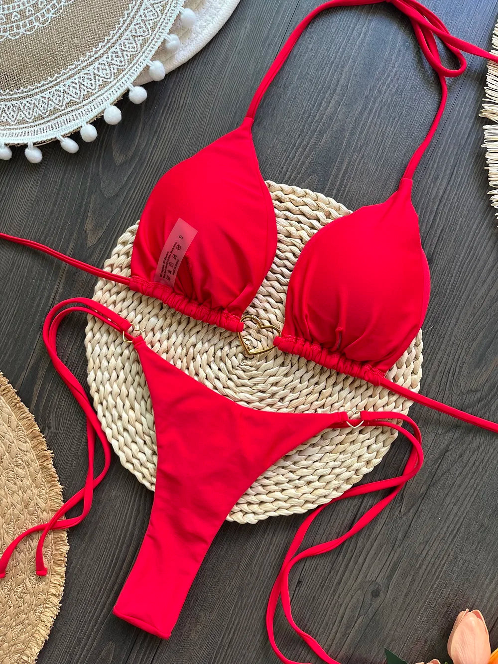 Sexy halter bikini set with Brazilian thong bottoms – women’s two-piece solid color swimwear