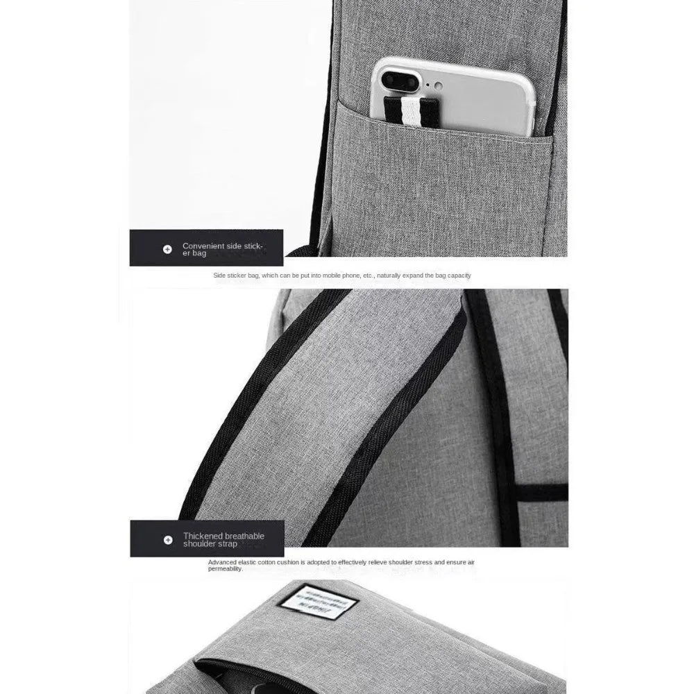 Gray backpack with a side pocket and shoulder strap, featuring a phone inside the pocket.