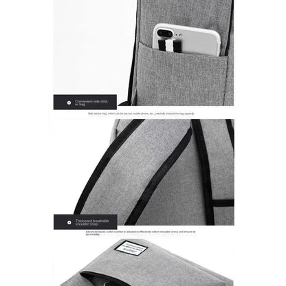Gray backpack with a side pocket and shoulder strap, featuring a phone inside the pocket.