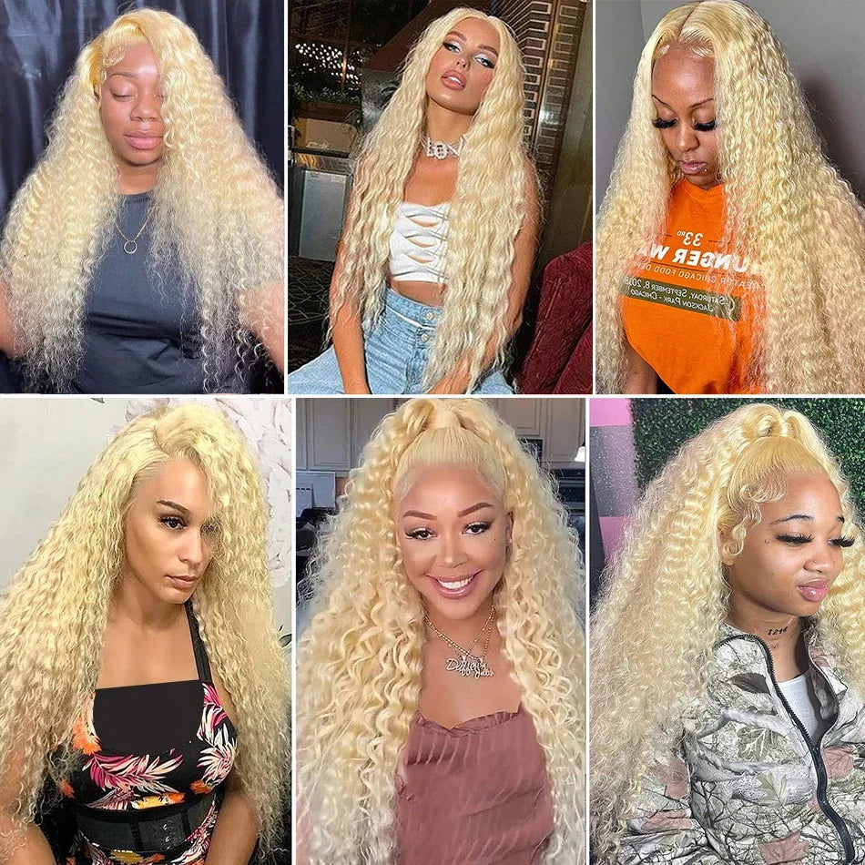 Collage of a woman with long blonde hair styled in various ways.