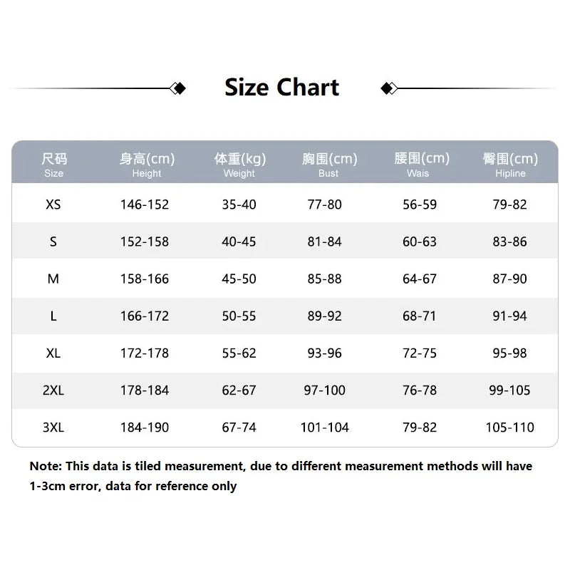 Size chart for clothing measurements on a white background
