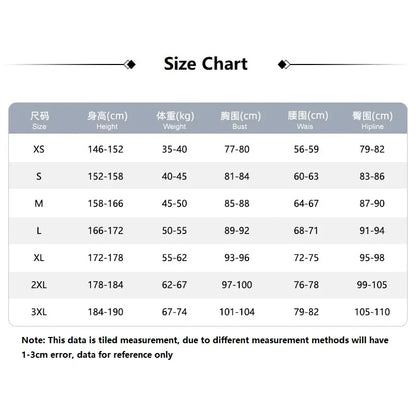 Size chart for clothing measurements on a white background