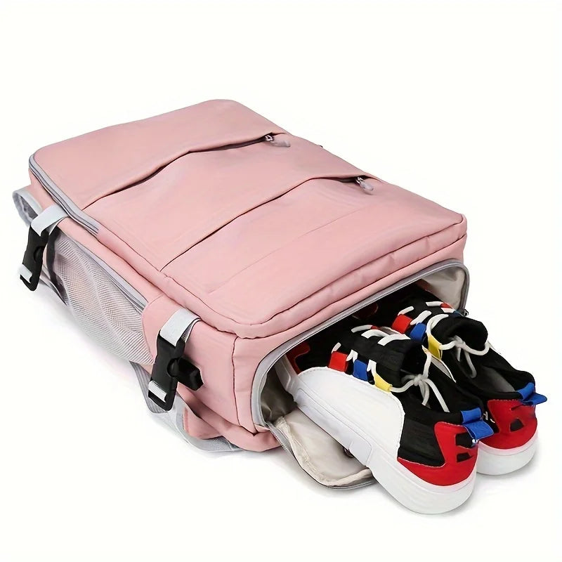 Pink backpack with a compartment open, showing colorful sneakers inside on a white background