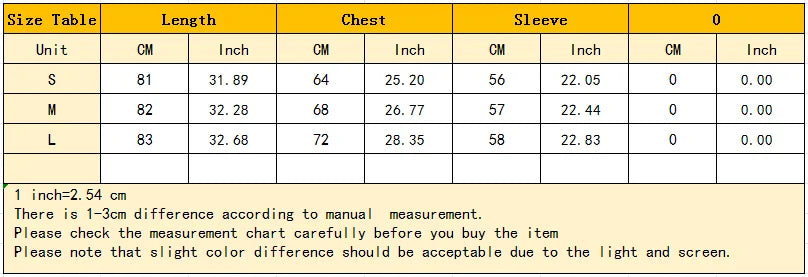 Measurement chart for clothing sizes S, M, and L with dimensions in centimeters and inches.