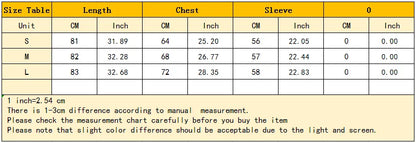 Measurement chart for clothing sizes S, M, and L with dimensions in centimeters and inches.