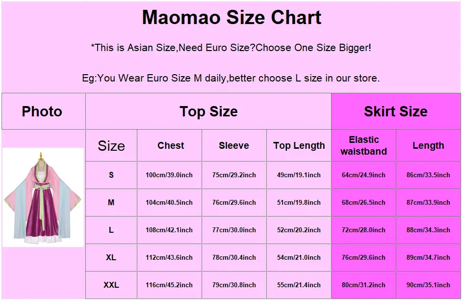 Maomao Size Chart for clothing with measurements on a pink background
