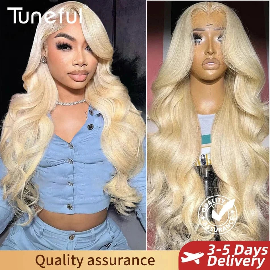 Blonde wig shown on a person and a mannequin with 'Tuneful' branding and delivery promise.