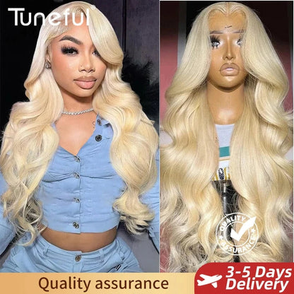 Blonde wig shown on a person and a mannequin with 'Tuneful' branding and delivery promise.