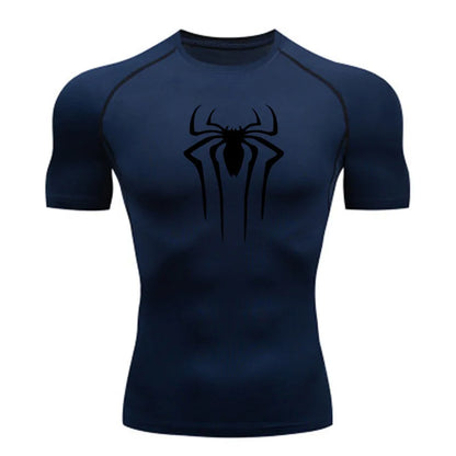 Navy blue t-shirt with a black spider logo on a white background