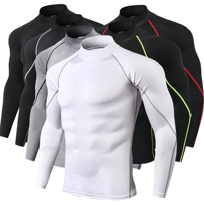 Set of long-sleeve compression shirts in various colors on a white background