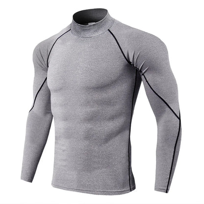 Gray long-sleeve athletic shirt with black accents on a white background