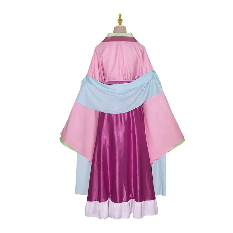 Traditional dress with pink and purple colors on a mannequin against a white background