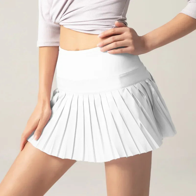 High-waist pleated tennis skirt pants with built-in shorts, breathable and lightweight for summer fitness activities