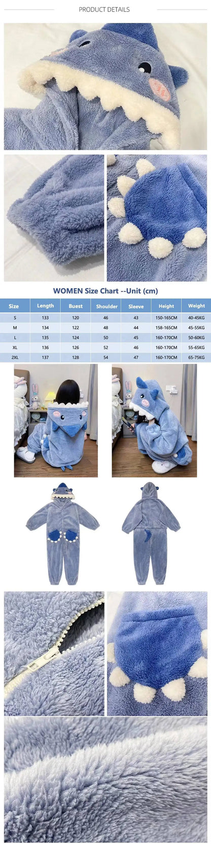 Blue shark-themed children's onesie with size chart and product images.