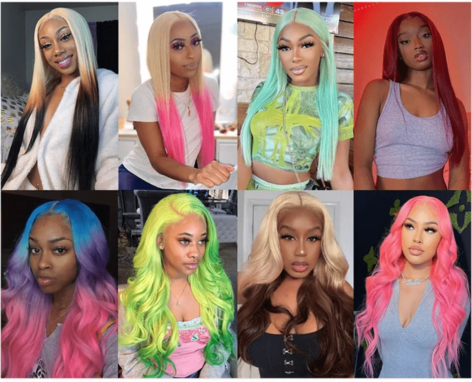 Collage of people with colorful wigs in various colors and styles.