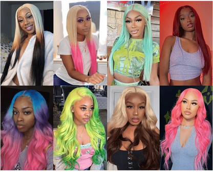 Collage of people with colorful wigs in various colors and styles.