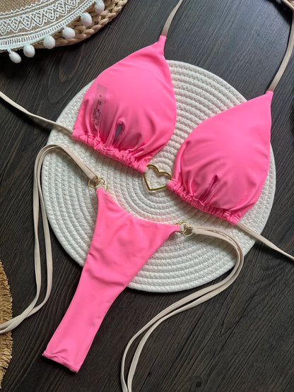 Sexy halter bikini set with Brazilian thong bottoms – women’s two-piece solid color swimwear