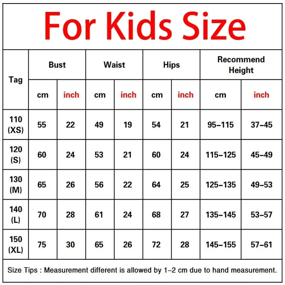 Size chart for kids with measurements in centimeters and inches.