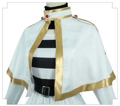 White outfit with black and gold accents on a mannequin