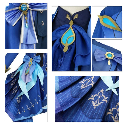 Collage of a blue costume with intricate designs and accessories