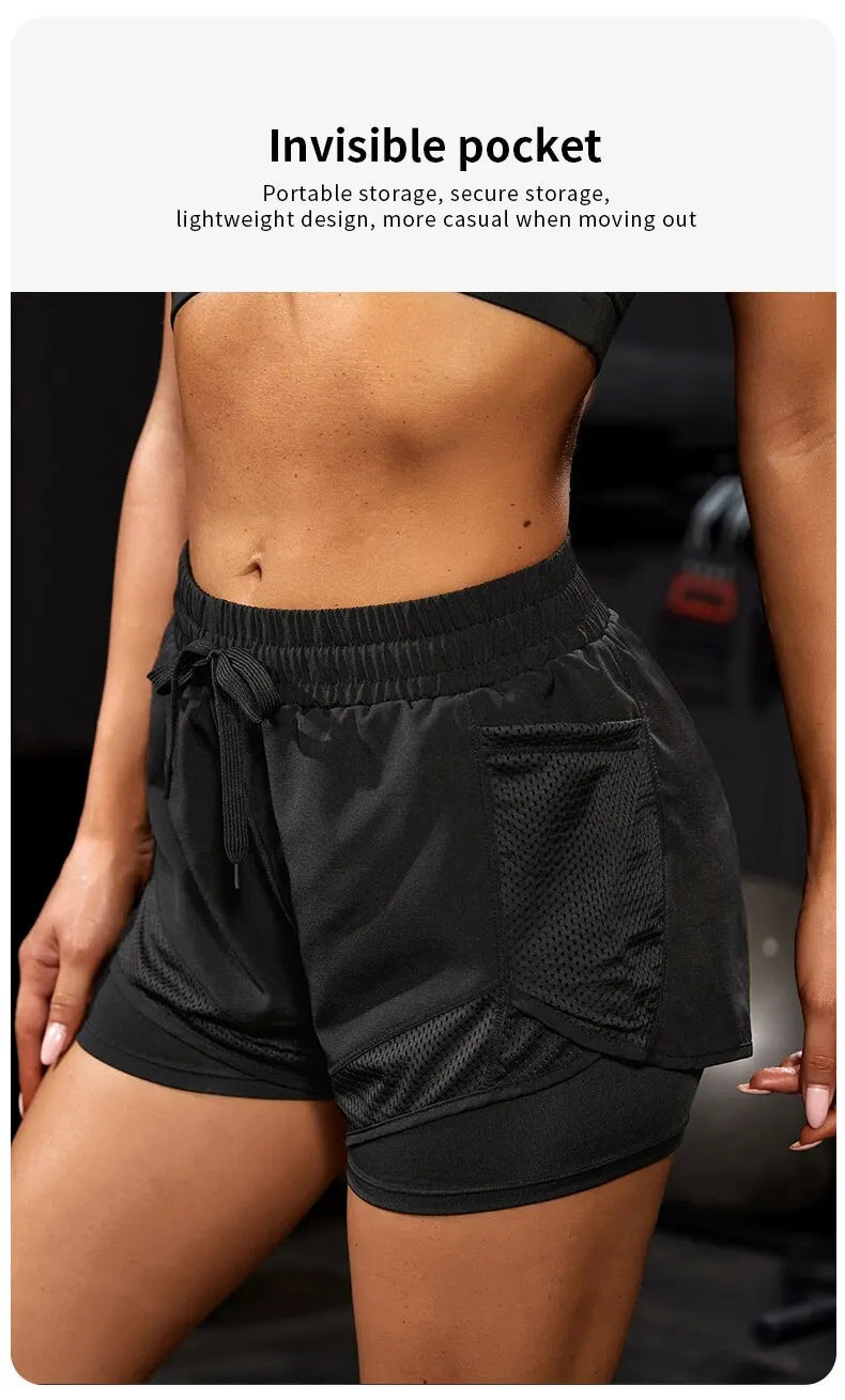 Black athletic shorts with an invisible pocket on a blurred background