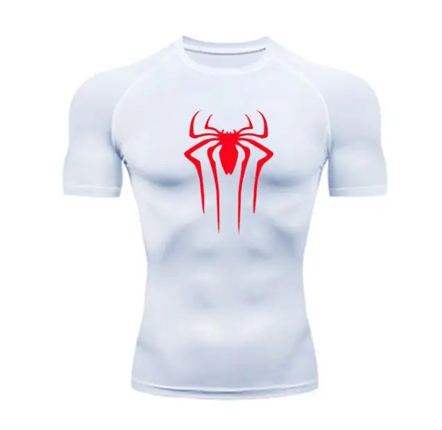 White t-shirt with a red spider logo on a white background