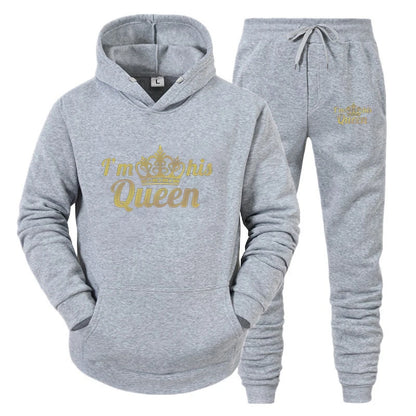 Gray hoodie and jogger set with 'I'm his Queen' text on a white background