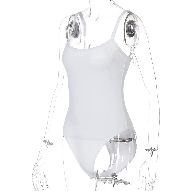 Women’s white strap solid bodycon sleeveless summer bodysuit, slim fit casual top