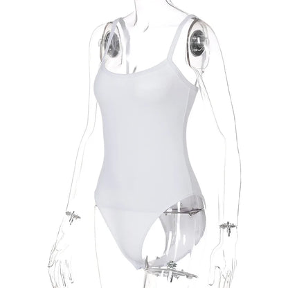 Women’s white strap solid bodycon sleeveless summer bodysuit, slim fit casual top