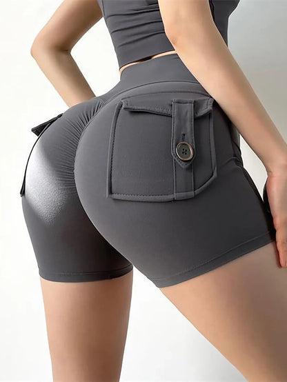 Women’s peach butt cargo yoga pants with air-dry pockets – breathable three-quarter fitness shorts