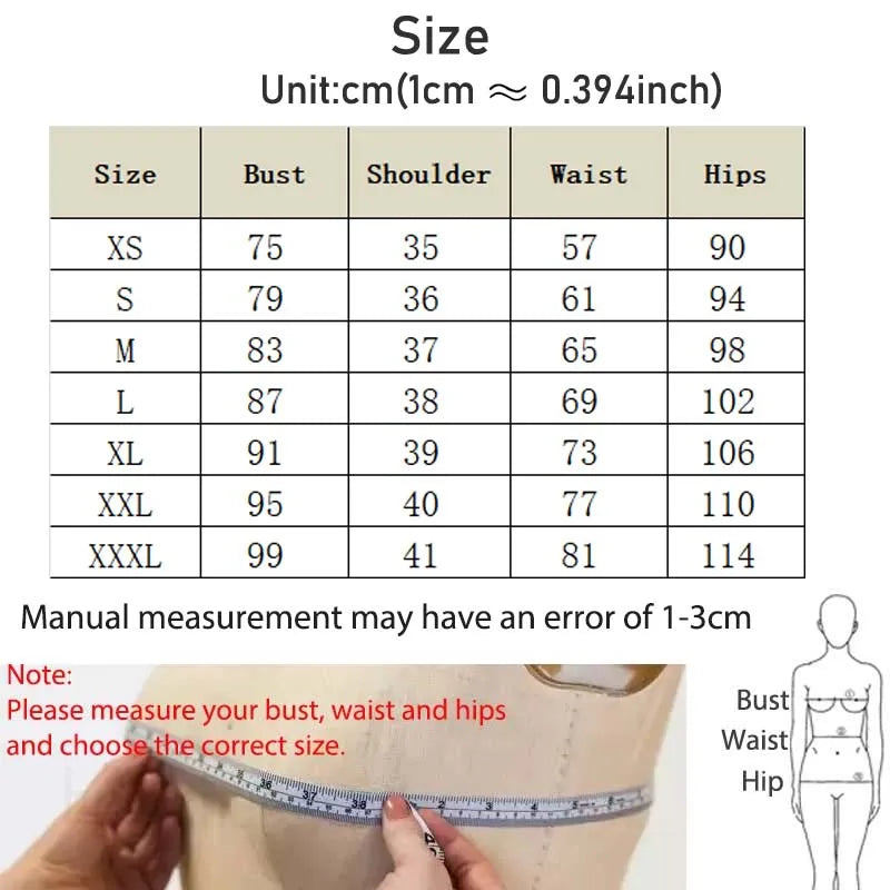 Size chart for clothing with measurements in centimeters, including a note about manual measurement errors.