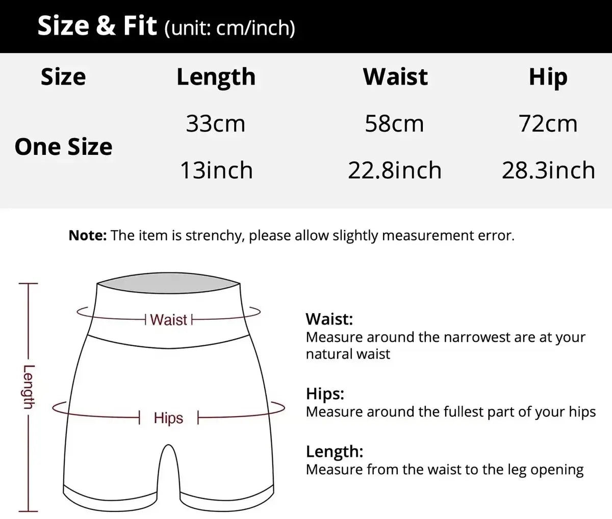 Size and fit chart for shorts with measurements in centimeters and inches.