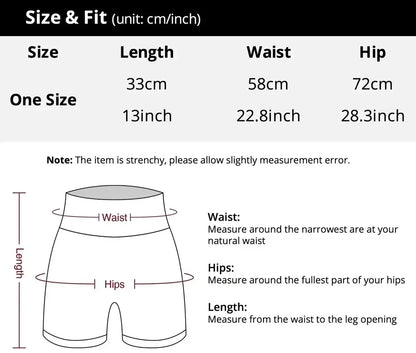 Size and fit chart for shorts with measurements in centimeters and inches.