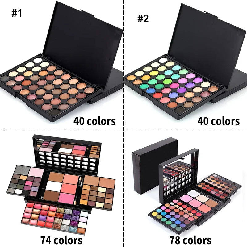 Four makeup palettes with different color counts displayed.