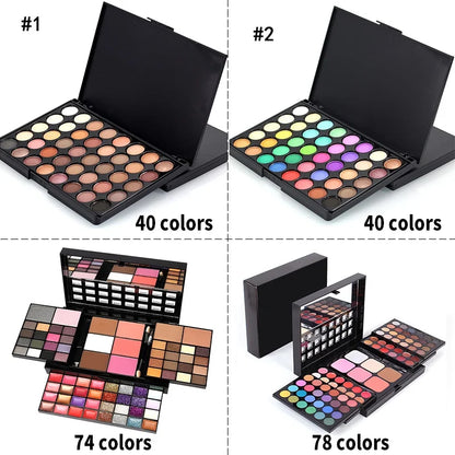 Four makeup palettes with different color counts displayed.