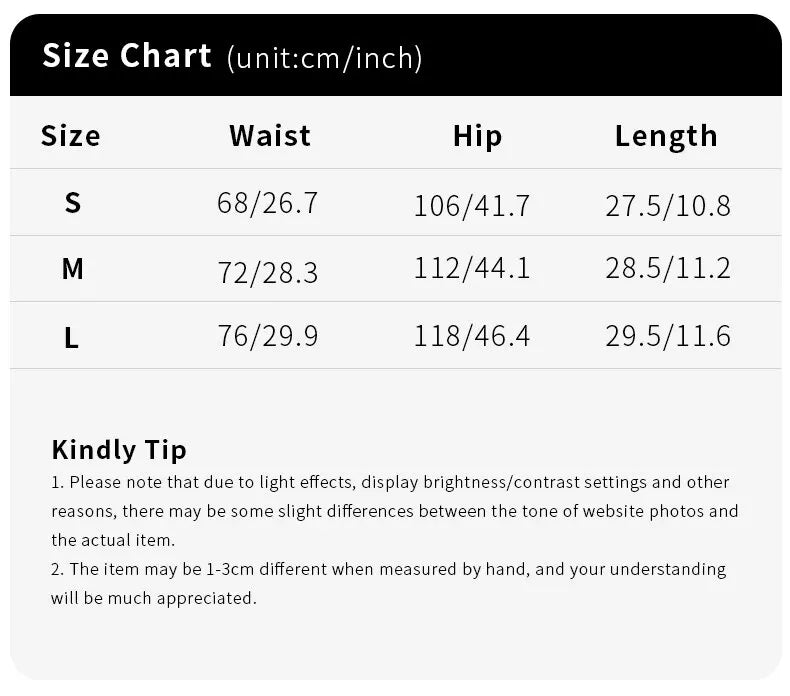 Size chart for clothing measurements in centimeters and inches