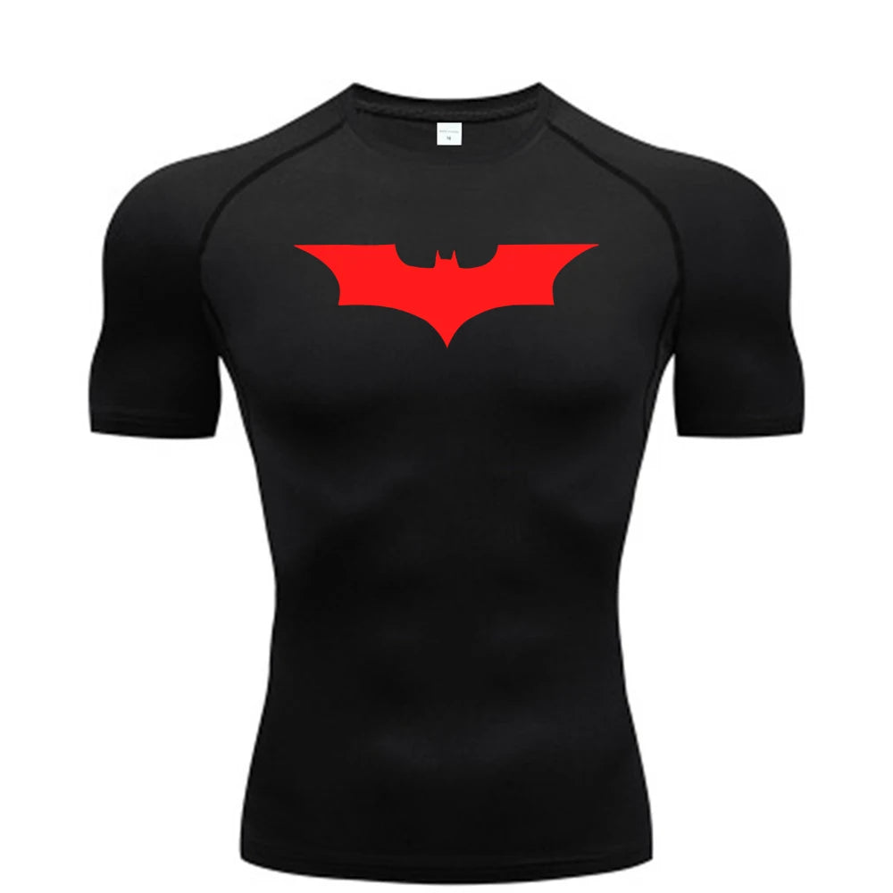 Black t-shirt with a red bat symbol on a white background