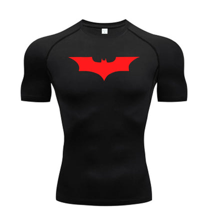 Black t-shirt with a red bat symbol on a white background